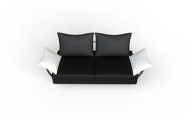 Canapé noir à deux places avec oreillers blancs — Photo