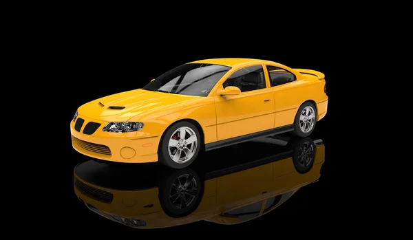 Gele sportwagen In zwarte Showroom — Stockfoto