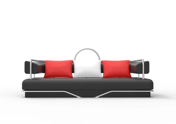 Black Sofa With Red And White Pillows - Front View — Stock Photo, Image