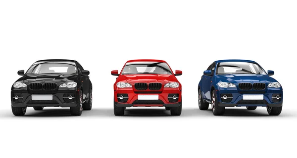 Nero, rosso, blu SUV - Vista frontale — Foto Stock