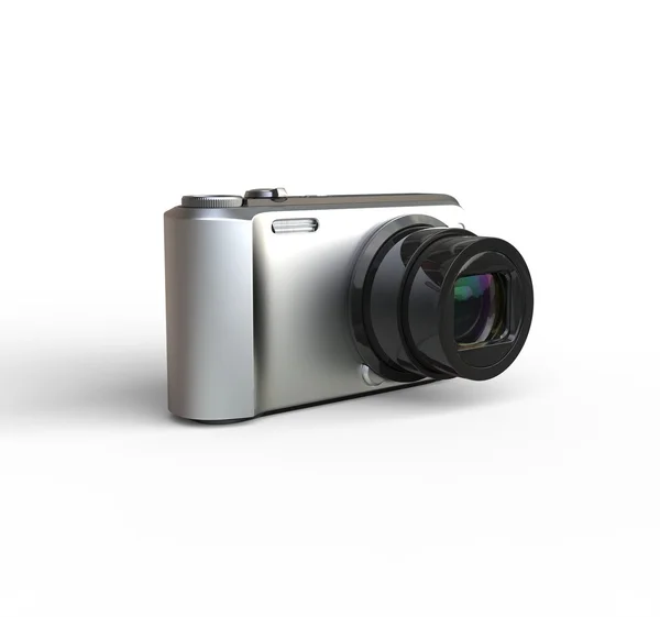 Pequena câmera de prata no fundo branco - girado — Fotografia de Stock