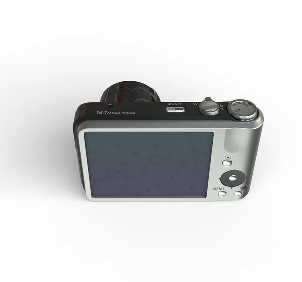 Pequena câmera de prata no fundo branco - visão traseira superior — Fotografia de Stock