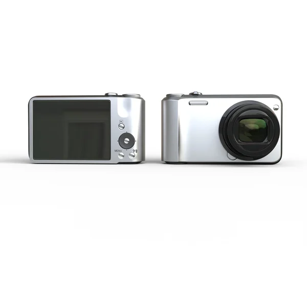 Pequena câmera de prata no fundo branco vista frontal e traseira — Fotografia de Stock