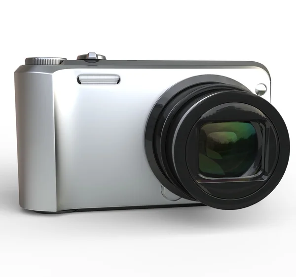 Pequena câmera de prata no fundo branco close-up tiro — Fotografia de Stock