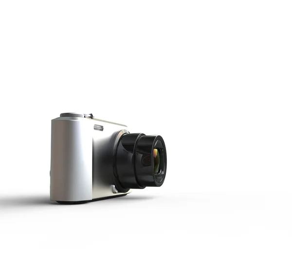Pequena câmera de prata no fundo branco - tiro distante — Fotografia de Stock
