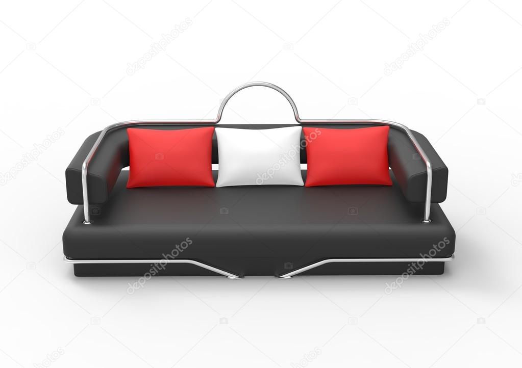 Black Sofa With Red And White Pillows