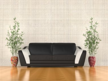 İki bitkiler ile oturma odasında modern kanepe