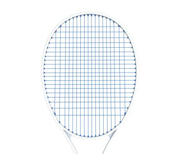Beyaz Tenis raket üzerinde beyaz izole mavi iplerle