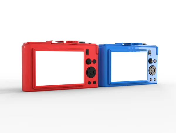 Câmeras fotográficas digitais compactas azuis e vermelhas - visão traseira — Fotografia de Stock