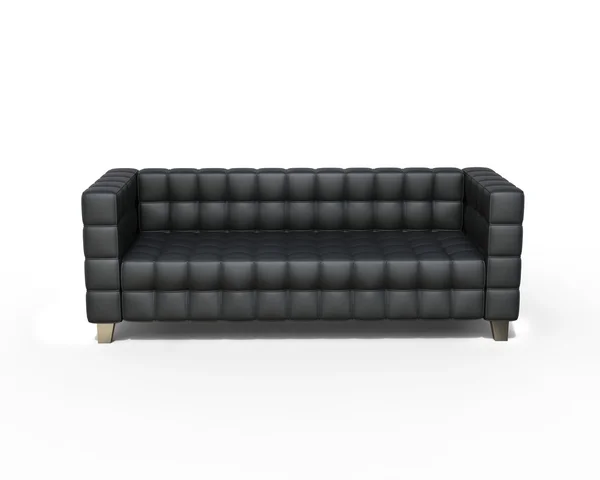 Canapé en cuir noir sur fond blanc, vue frontale — Photo