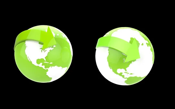 Dos globos verdes ecológicos sobre fondo negro — Foto de Stock