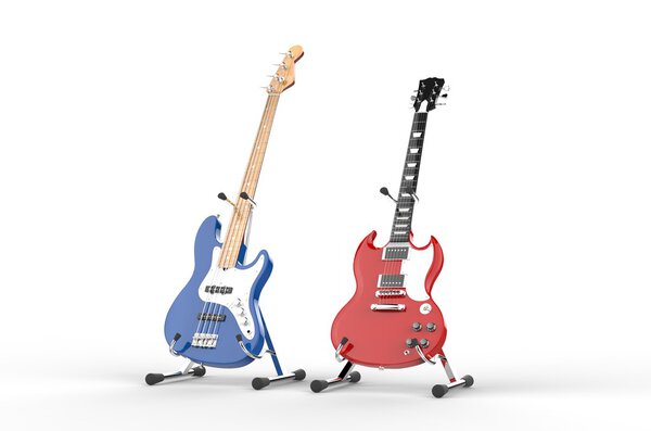 Blue electric bass and red guitar on stands