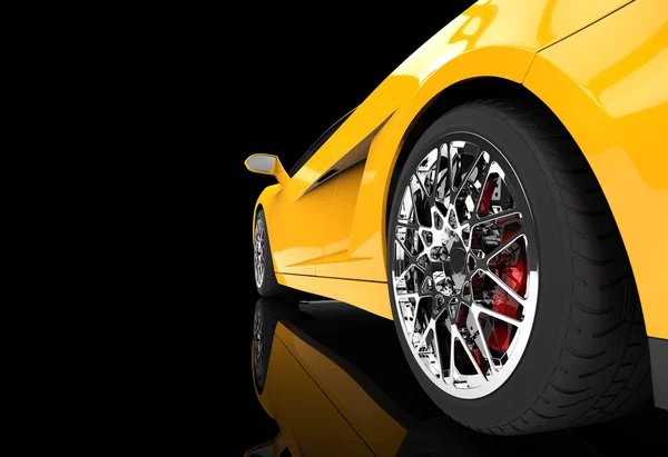 Roue Supercar jaune Gros plan sur fond noir — Photo