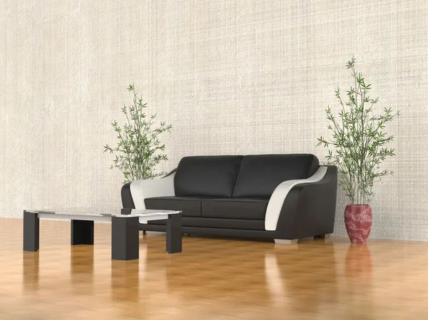 Sofa kulit hitam modern dengan meja kopi — Stok Foto