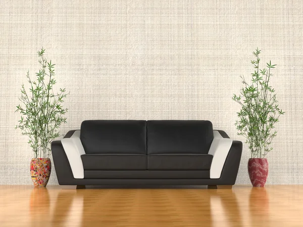 Divano moderno nel soggiorno con due piante — Foto Stock