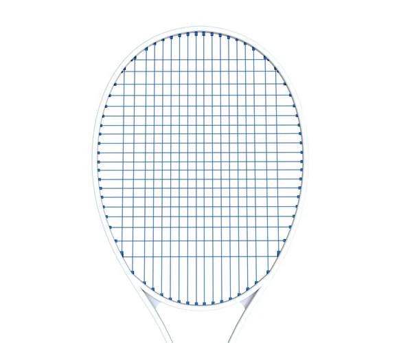 Racchetta da tennis bianca con corde blu isolata su bianco — Foto Stock