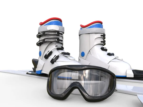 Skischoenen en ski goggles op witte achtergrond — Stockfoto