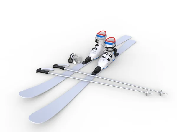Skis with ski boots - wide angle on white background — Stock Photo, Image