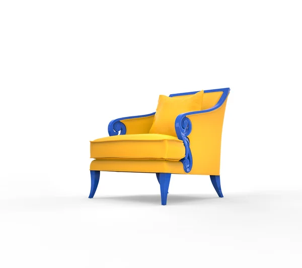 Gele fauteuil met blauwe armleuningen — Stockfoto