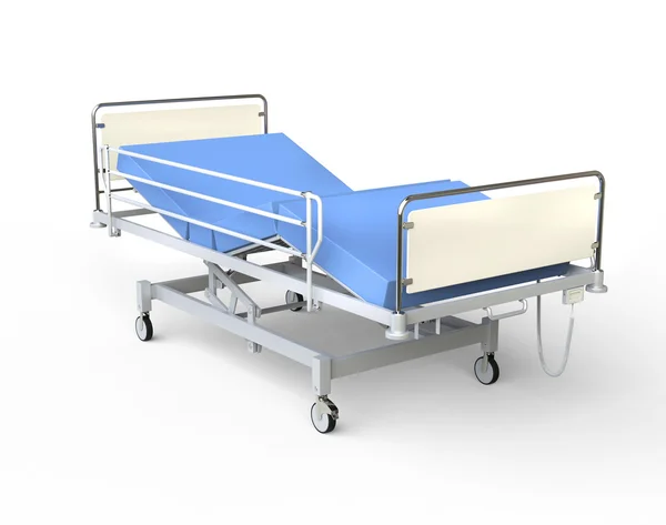 Ліжко в лікарні з блакитними постільми вид праворуч — стокове фото