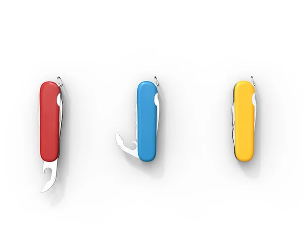 Rote, blaue und gelbe Schweizer Taschenmesser auf weißem Hintergrund — Stockfoto