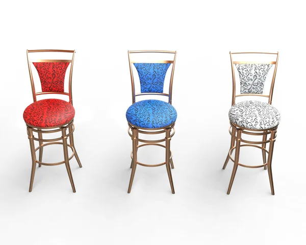 Red, blue and white coffee shop chairs on white, top view. — Stock Photo, Image