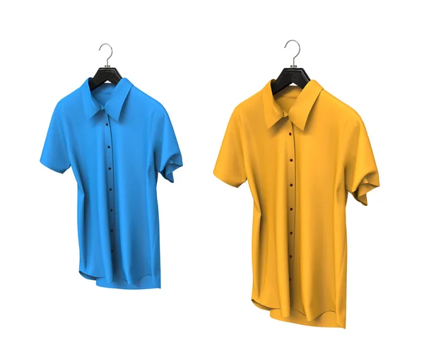 Camisas de manga corta azules y amarillas aisladas sobre fondo blanco . —  Fotos de Stock