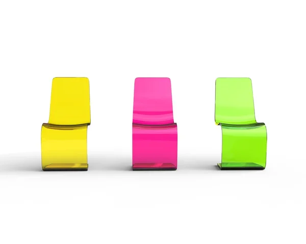 Sillas de plástico futuristas de color amarillo, púrpura y verde sobre blanco - vista frontal . — Foto de Stock