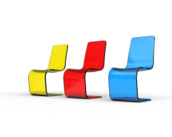 Futuristic yellow, red and blue plastic chairs on white. — Stock Photo, Image