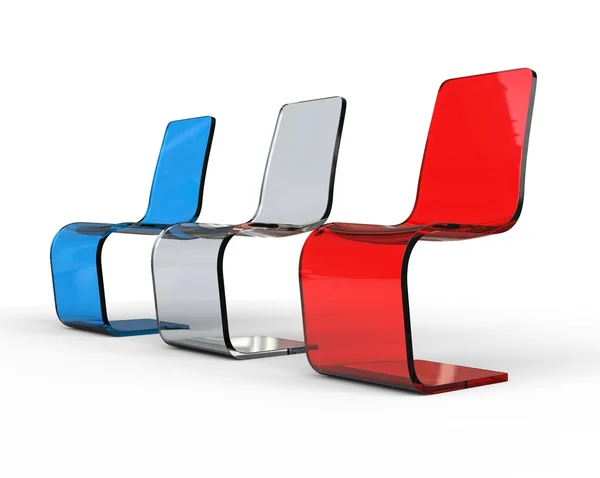 Futuristic white, red and blue plastic chairs on white background. — Stock Photo, Image