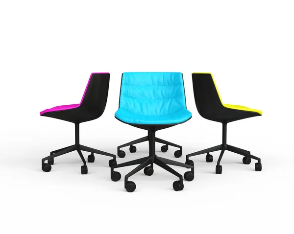 Pink, blue and yellow modern office chairs on white background. — Stock Photo, Image