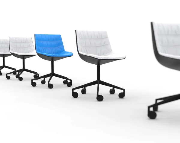 Blue office chair in row of white office chairs with focus on blue one. — Stock Photo, Image