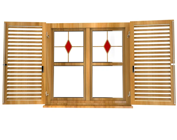 Вікно з вітражами та відкритими жалюзі - вид спереду — стокове фото
