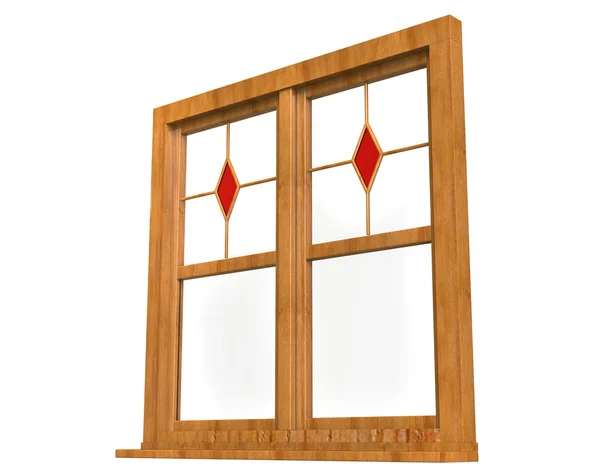 Houten raamkozijn met gebrandschilderd glas - lage hoek — Stockfoto