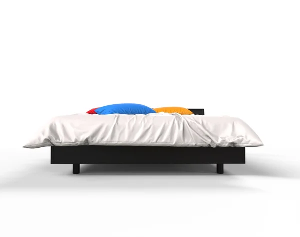 Современная кровать с красочными подушками - вид спереди — стоковое фото