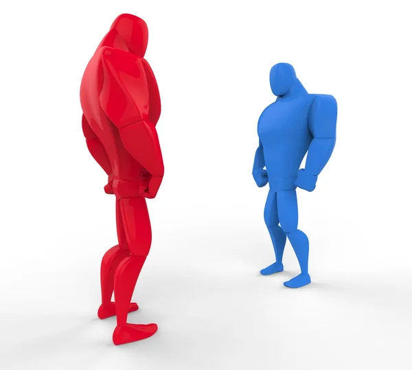 Rote und blaue 3D-starke Männer in einer Pattsituation - perspektivischer Blick. — Stockfoto