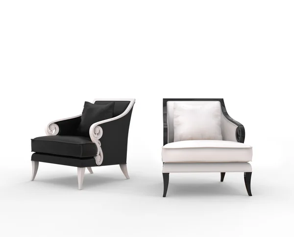 White and black armchairs with black and white wood armrests — Stock Photo, Image