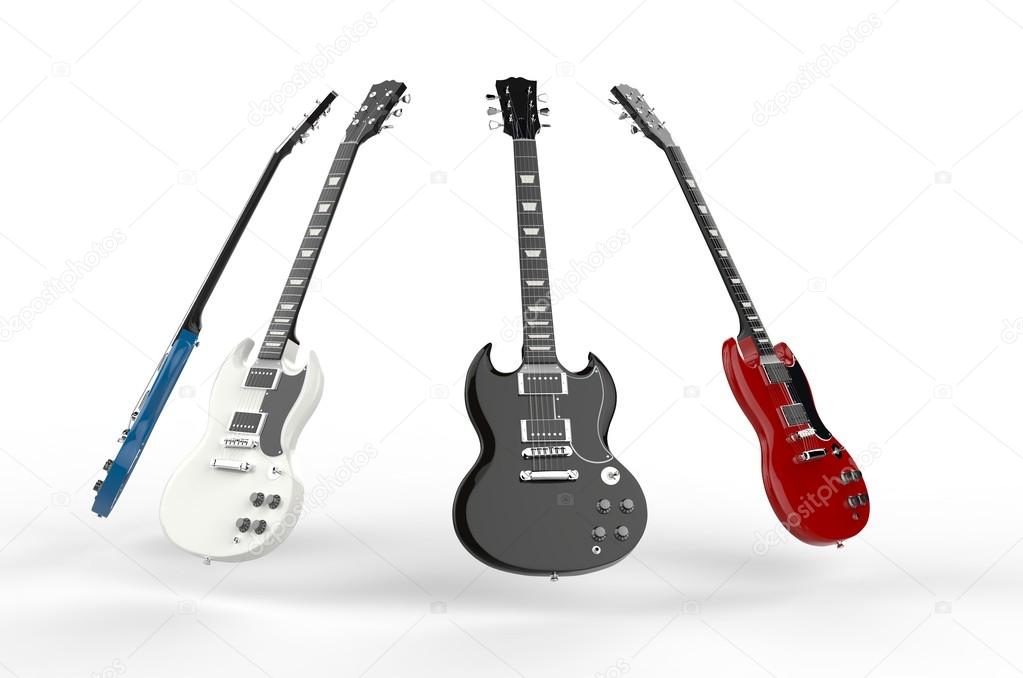 Four electric guitars all different colors.