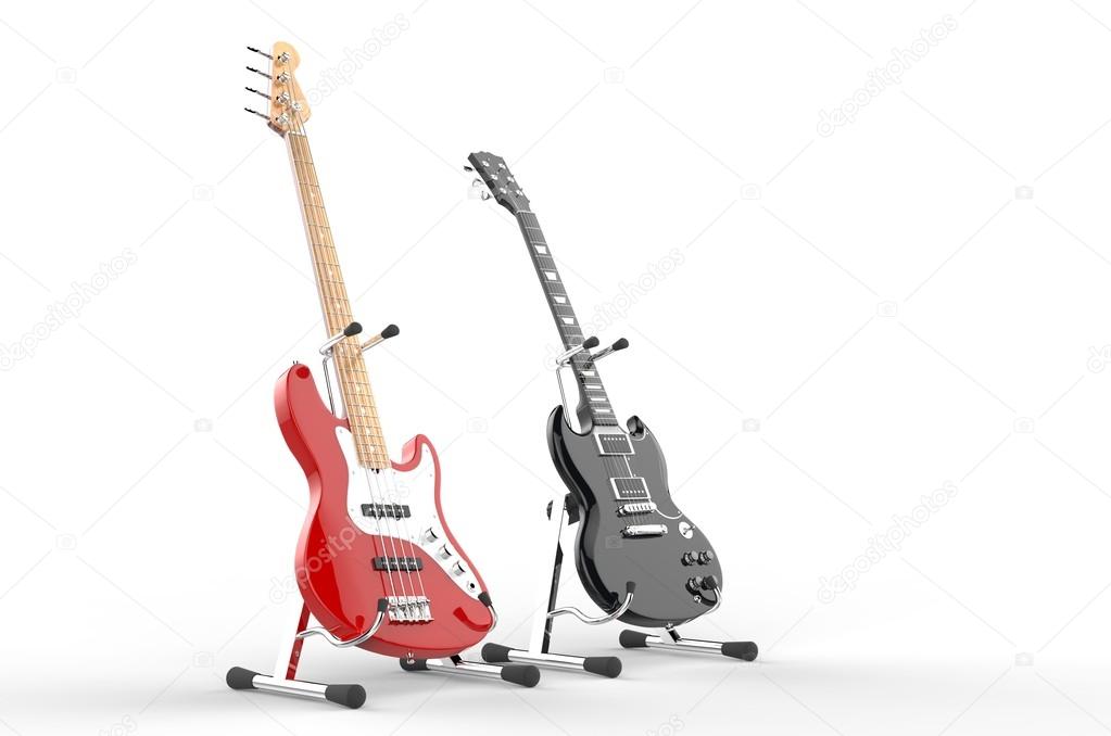 Red electric bass and black guitar on stands