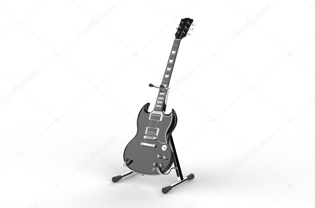 Black electric guitar on stand
