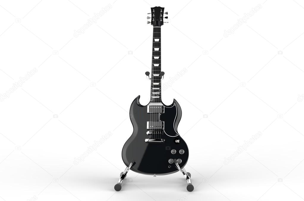 Black electric guitar on stand - front view
