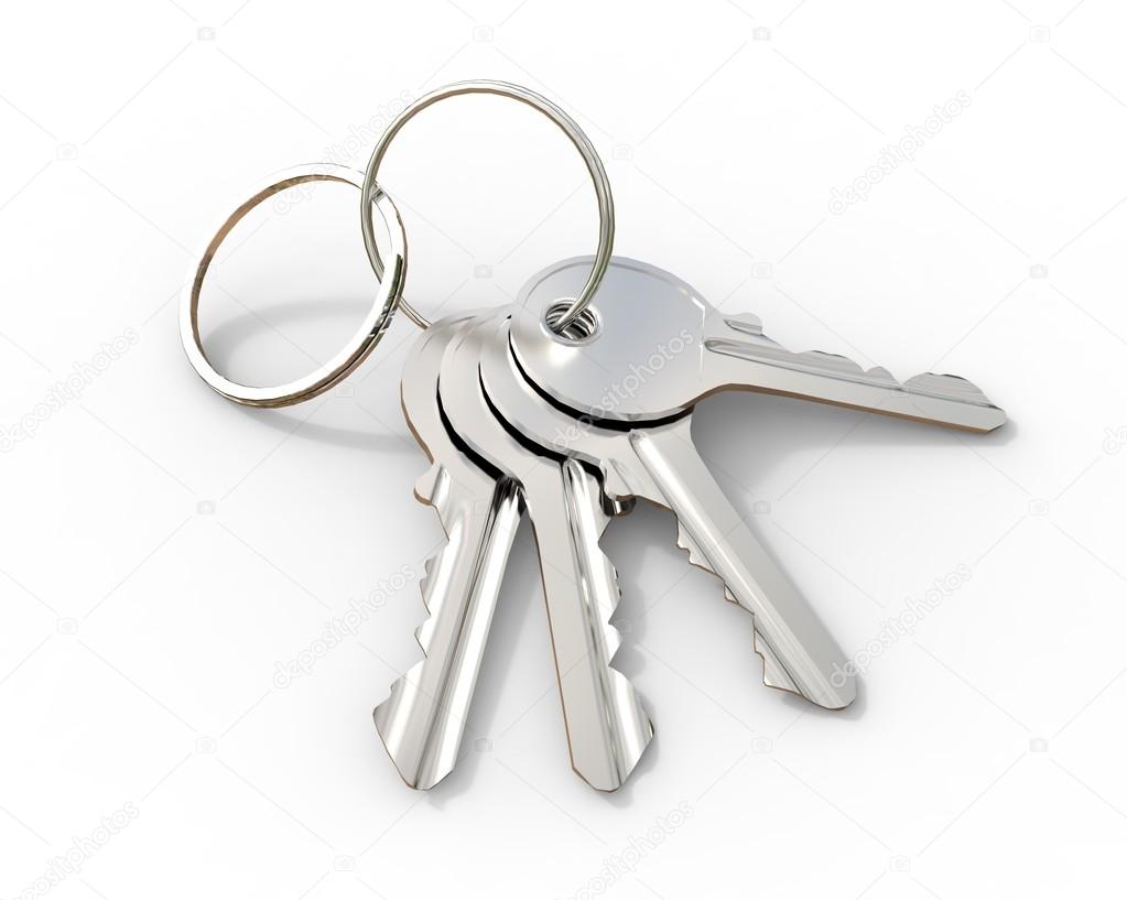 Set of keys on a keyring on white background