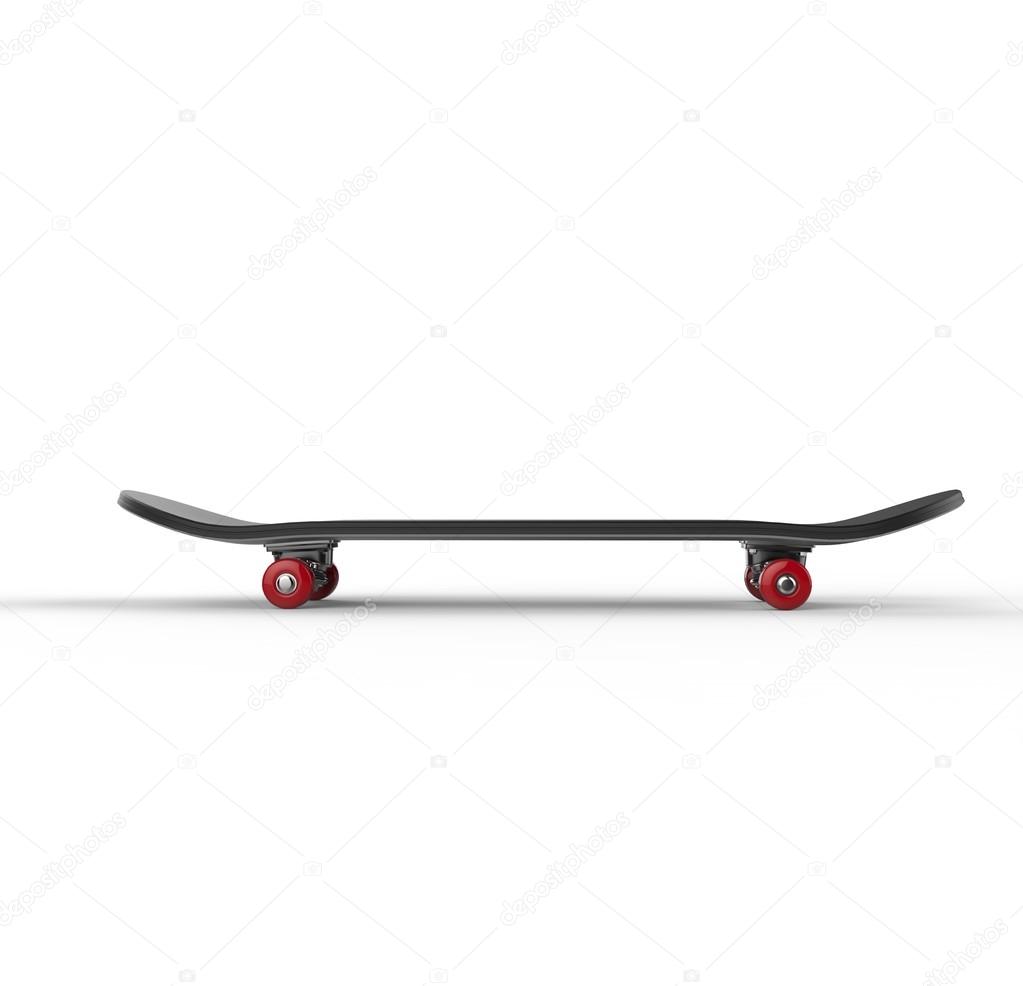 Black skateboard with red wheels