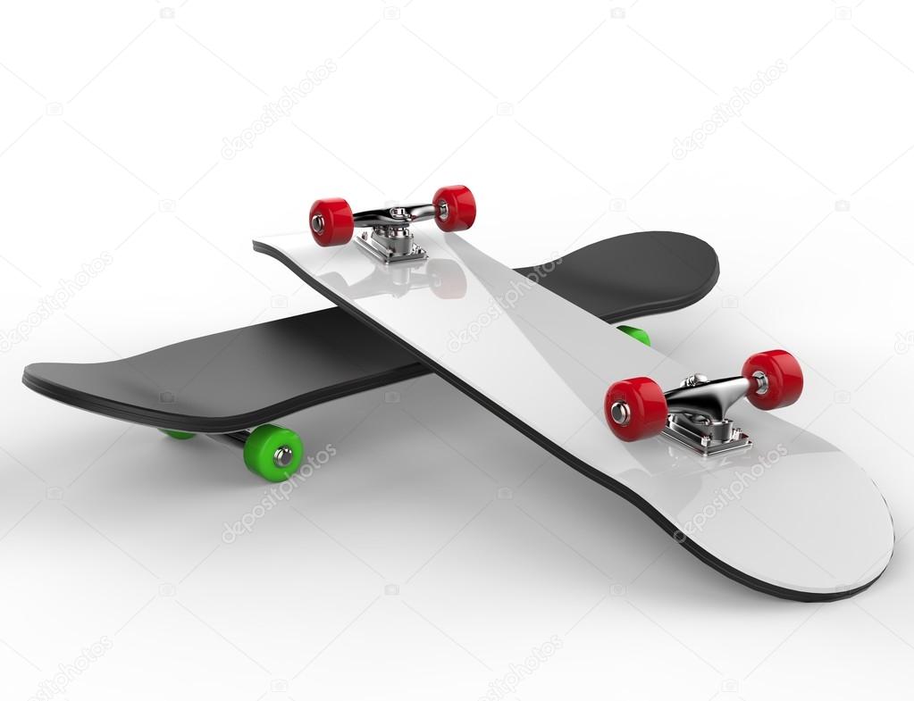 Two skateboards with red and green wheels, on white background