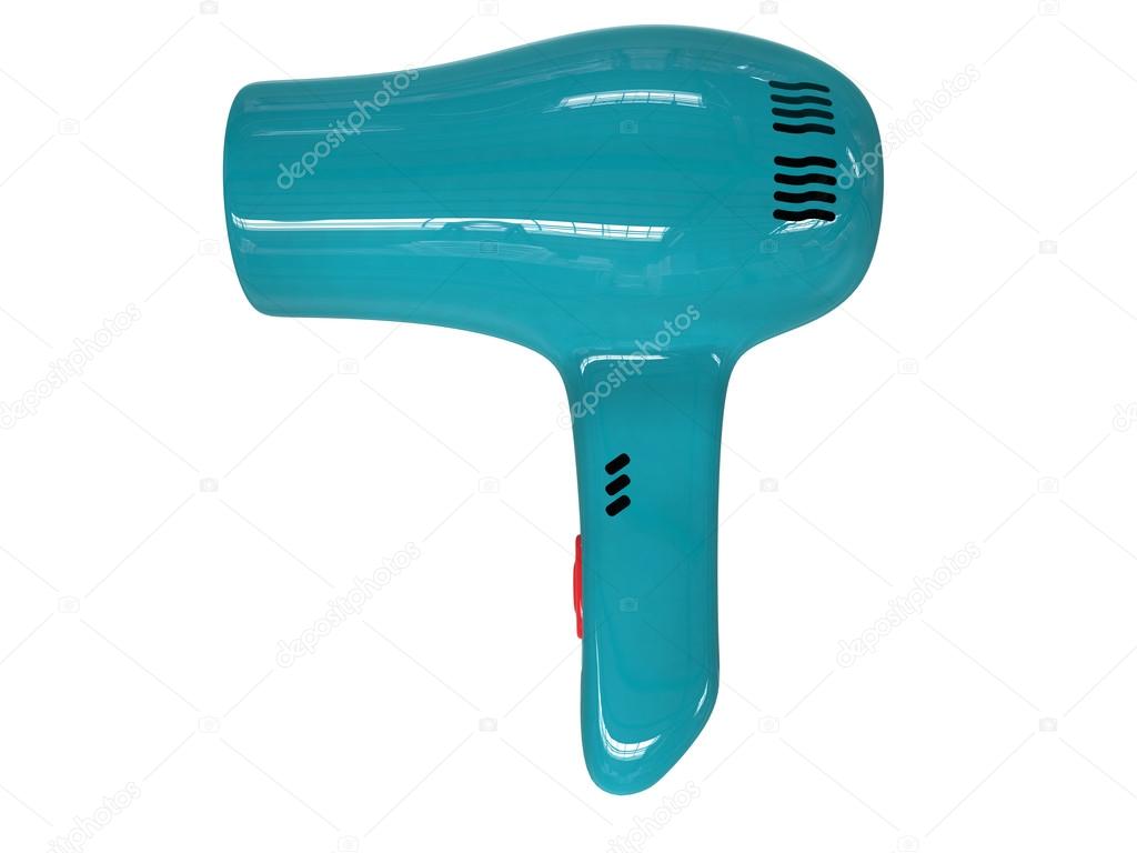 Compact teal hairdryer isolated on white background