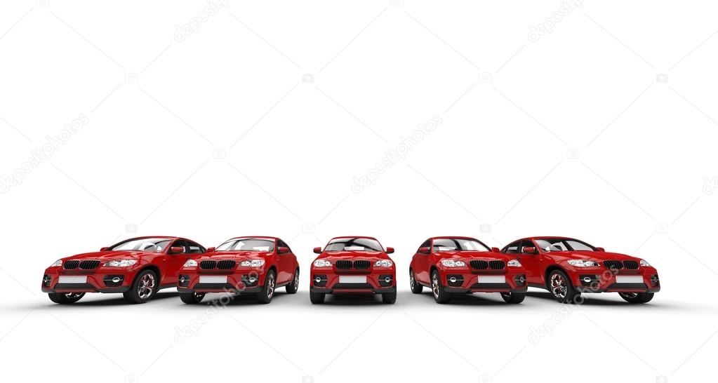 Row of red cars - front view