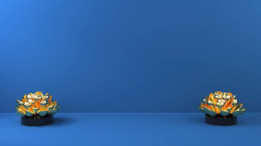 Sakinleştirici mavi arka planda iki küçük altın bitki - arka plan şablonu