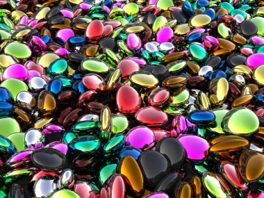 Renkli metalik ve krom çakıl taşları ve pürüzsüz kayalarla soyut arkaplan