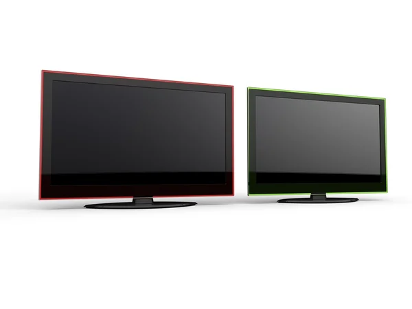 Два современных телевизионных экрана с красными и зелеными ободками — стоковое фото