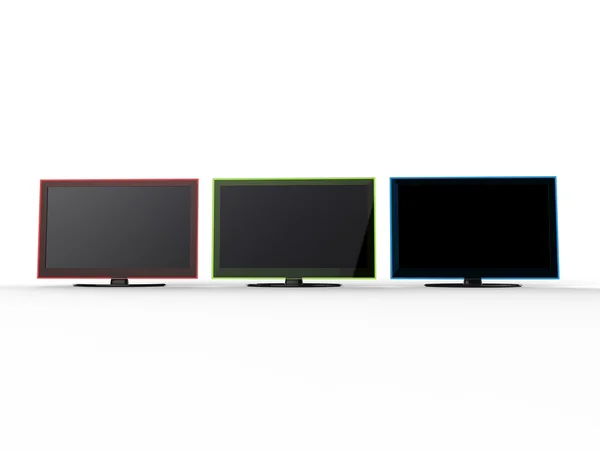 Червоні, сині та жовті телевізори - вид спереду — стокове фото